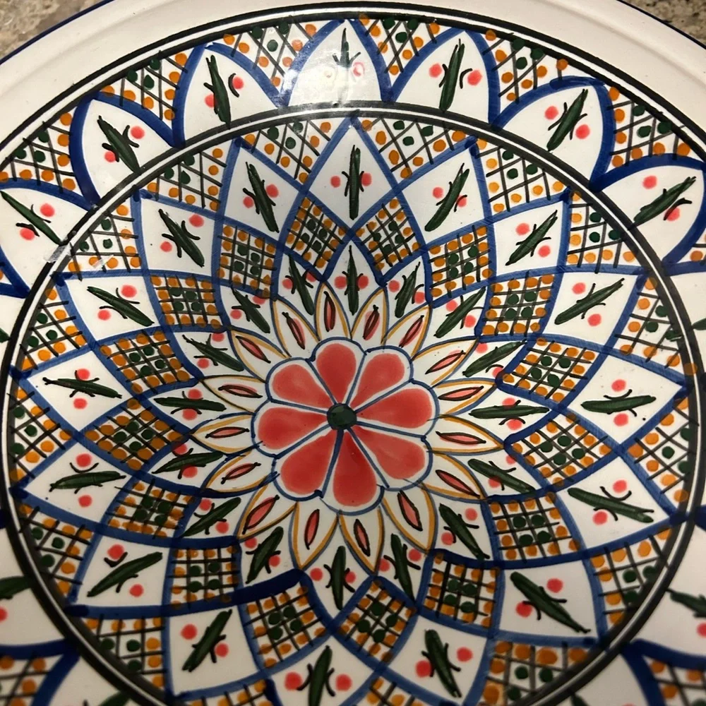 Le Souk Ceramique 12”Round serving Bowl, Made in Tunisia, White, Blue,
